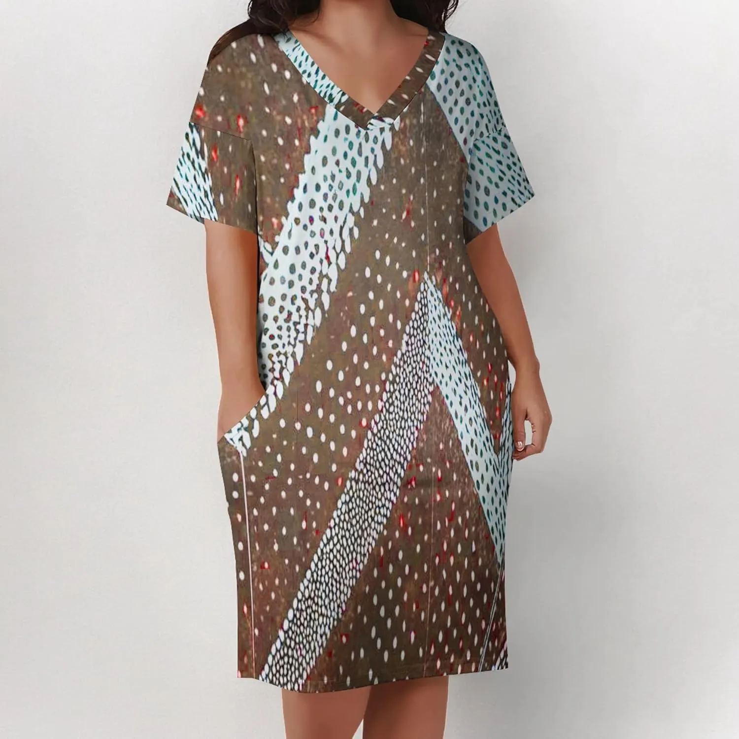 Plus Size Printed Tie-Dye Short Skirt for Curvy Women V Neck Bohemian Style Printed Short Skirt Short Sleeves Pockets
