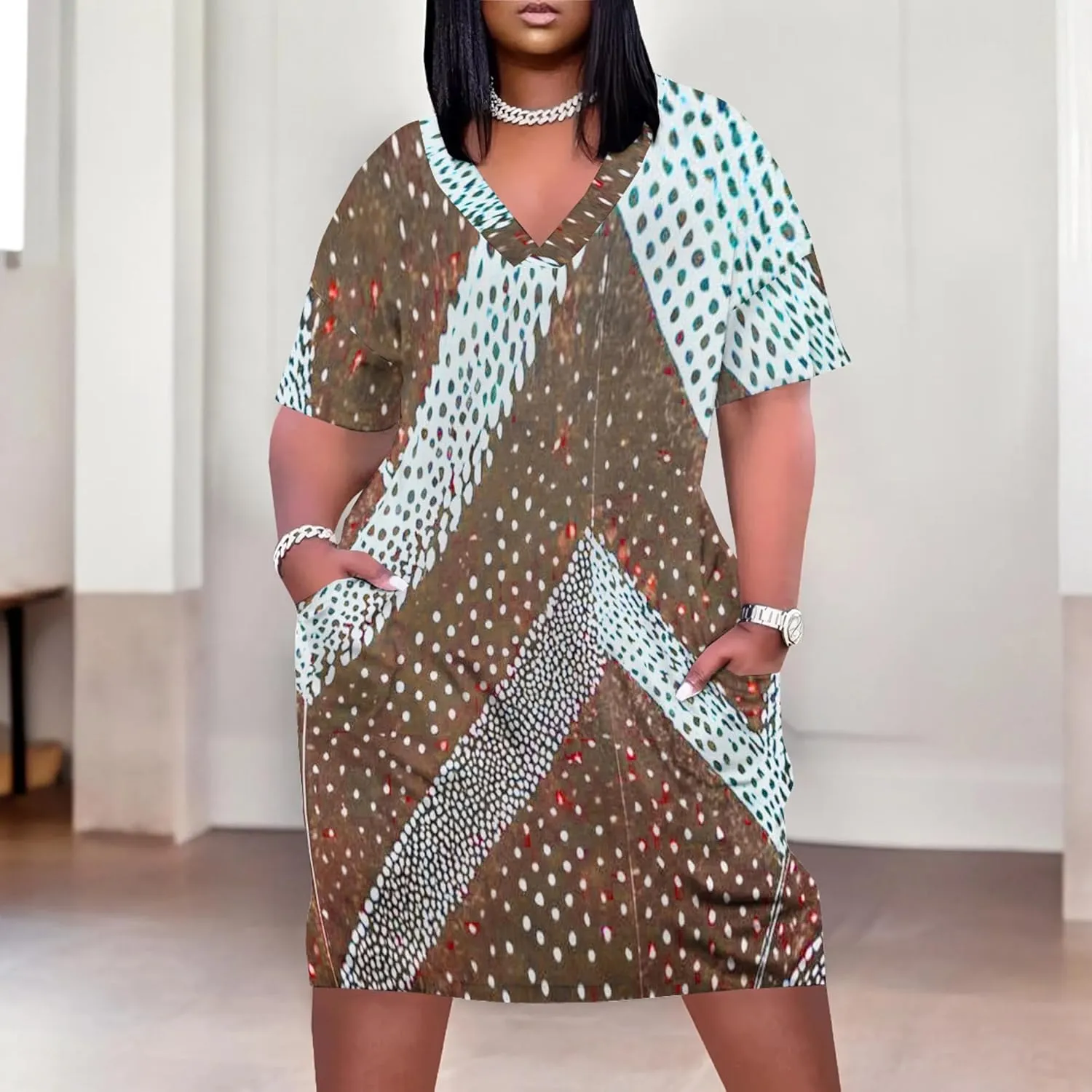 Plus Size Printed Tie-Dye Short Skirt for Curvy Women V Neck Bohemian Style Printed Short Skirt Short Sleeves Pockets