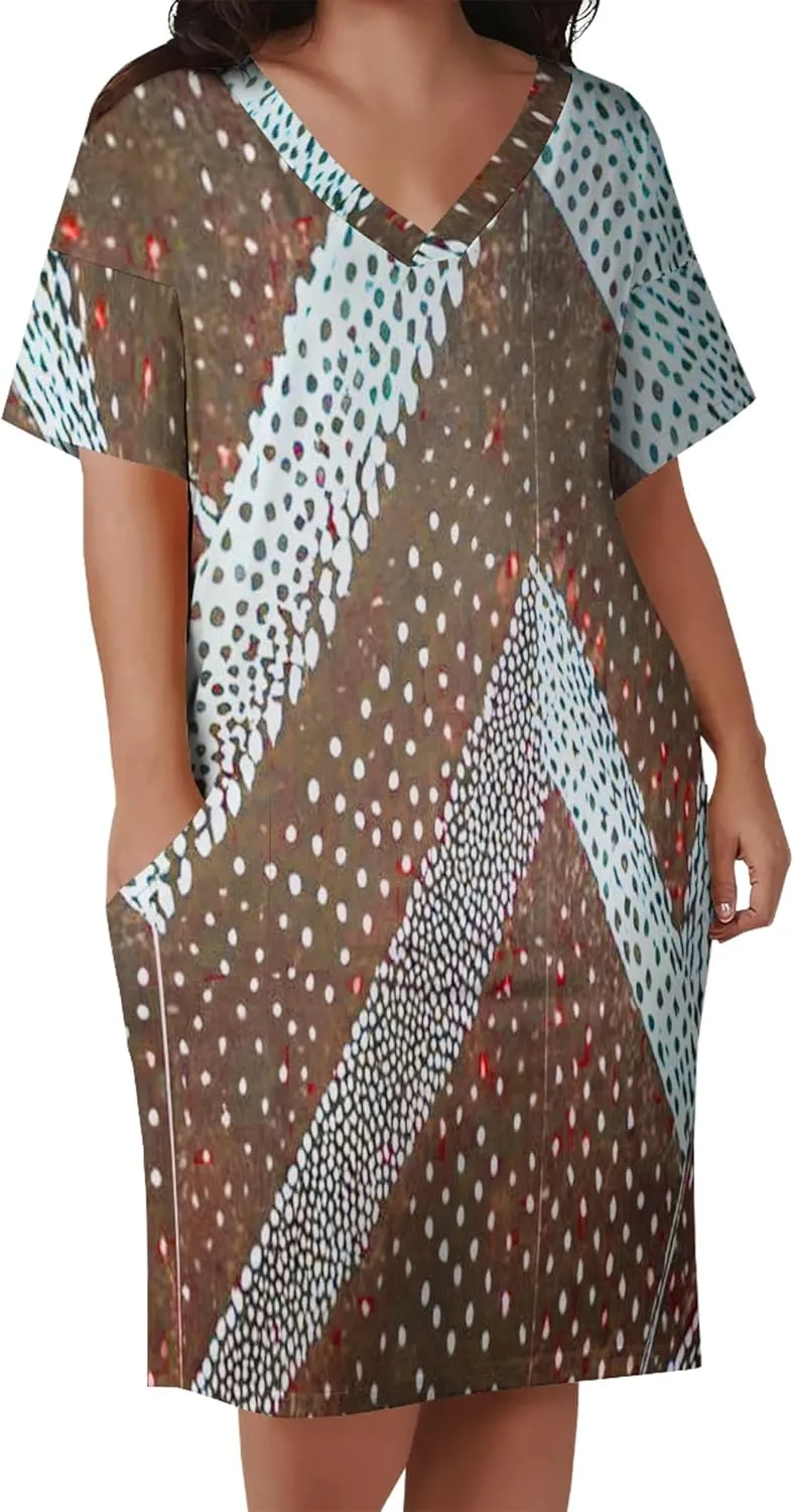 Plus Size Printed Tie-Dye Short Skirt for Curvy Women V Neck Bohemian Style Printed Short Skirt Short Sleeves Pockets