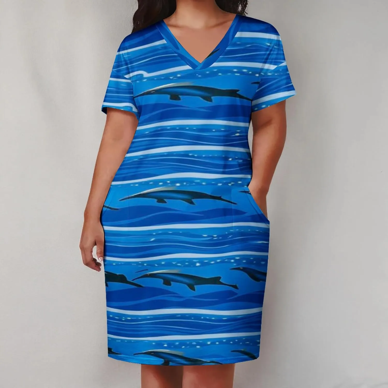 Plus Size Printed Tie-Dye Short Skirt for Curvy Women V Neck Bohemian Style Printed Short Skirt Short Sleeves Pockets