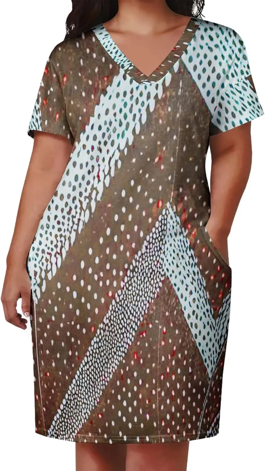 Plus Size Printed Tie-Dye Short Skirt for Curvy Women V Neck Bohemian Style Printed Short Skirt Short Sleeves Pockets