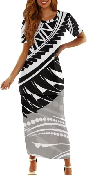 Polynesian Puletasi Samoa Womens Long Maxi Skirt Set 2 Piece Outfits Short Sleeve Top Elastic Waist Skirt Set