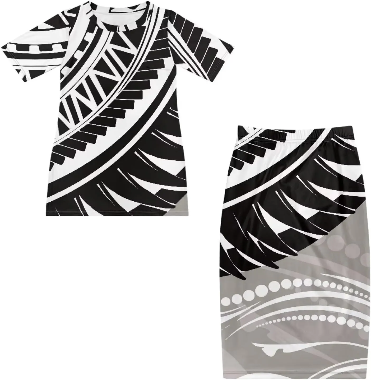 Polynesian Puletasi Samoa Womens Long Maxi Skirt Set 2 Piece Outfits Short Sleeve Top Elastic Waist Skirt Set