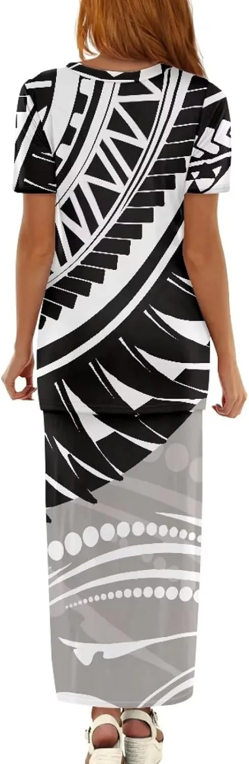 Polynesian Puletasi Samoa Womens Long Maxi Skirt Set 2 Piece Outfits Short Sleeve Top Elastic Waist Skirt Set
