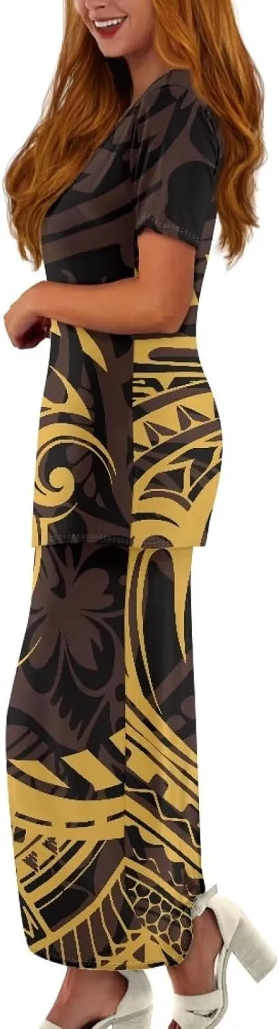 Polynesian Tribal Clothing Summer 2 Piece Dresses Women Plus Size Short Sleeve High Waist Long Maxi Skirts Set