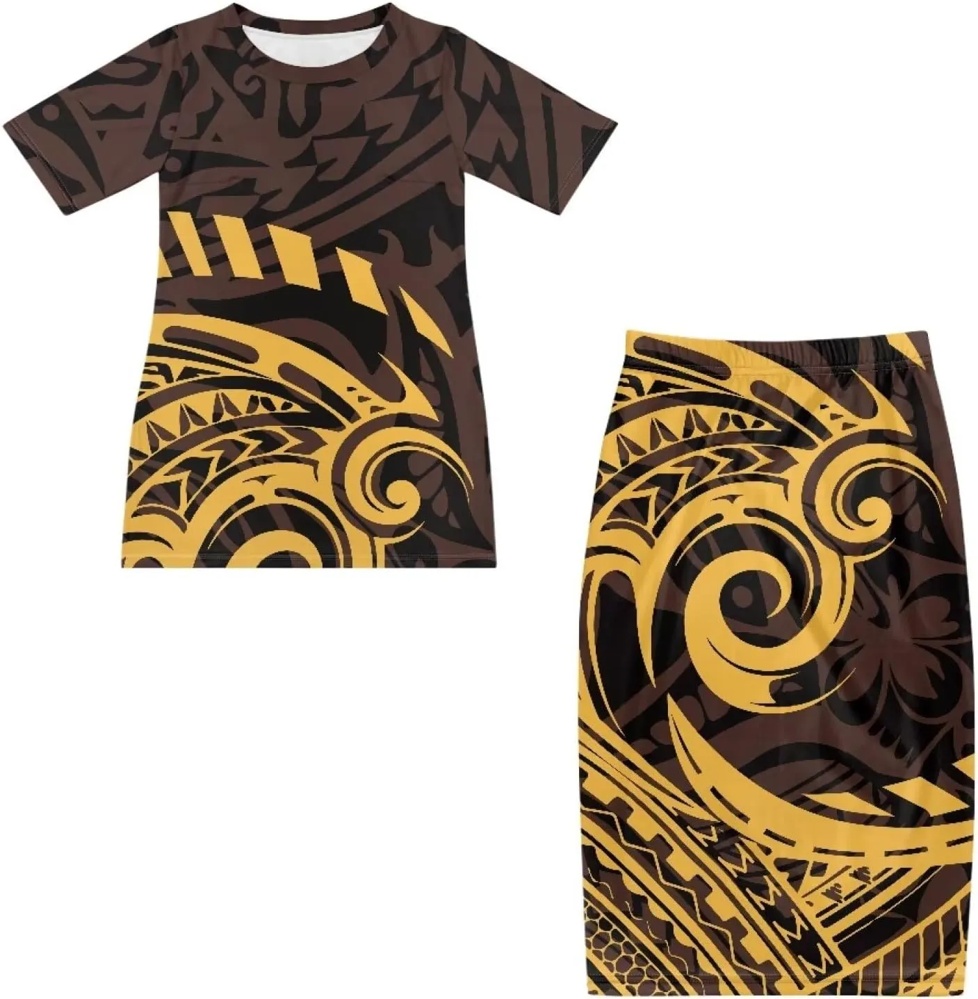 Polynesian Tribal Clothing Summer 2 Piece Dresses Women Plus Size Short Sleeve High Waist Long Maxi Skirts Set