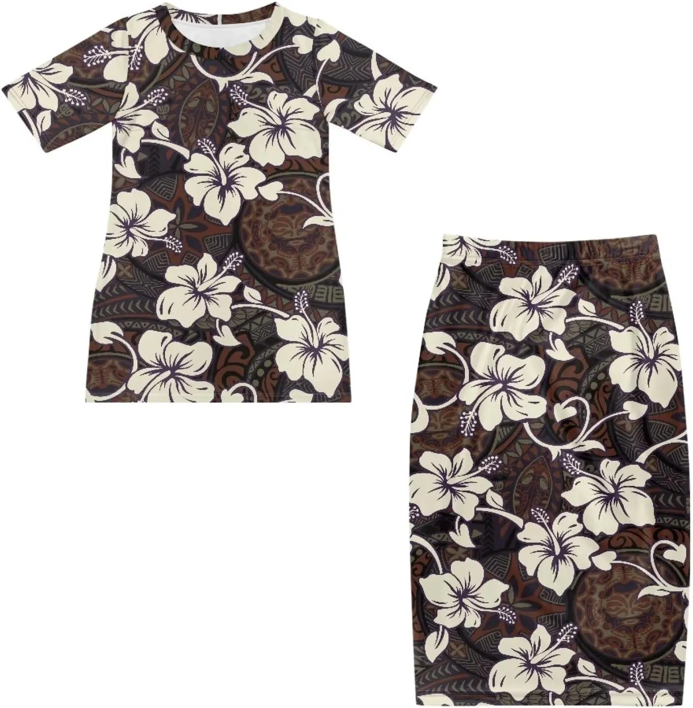 Polynesian Tribal Clothing Summer 2 Piece Dresses Women Plus Size Short Sleeve High Waist Long Maxi Skirts Set