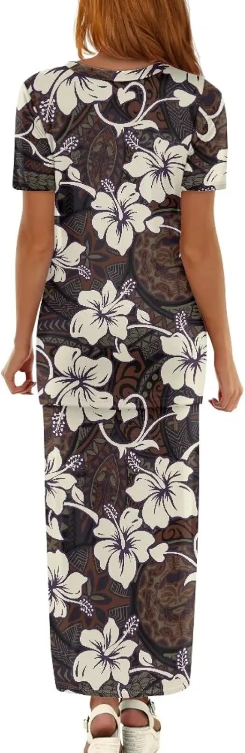 Polynesian Tribal Clothing Summer 2 Piece Dresses Women Plus Size Short Sleeve High Waist Long Maxi Skirts Set