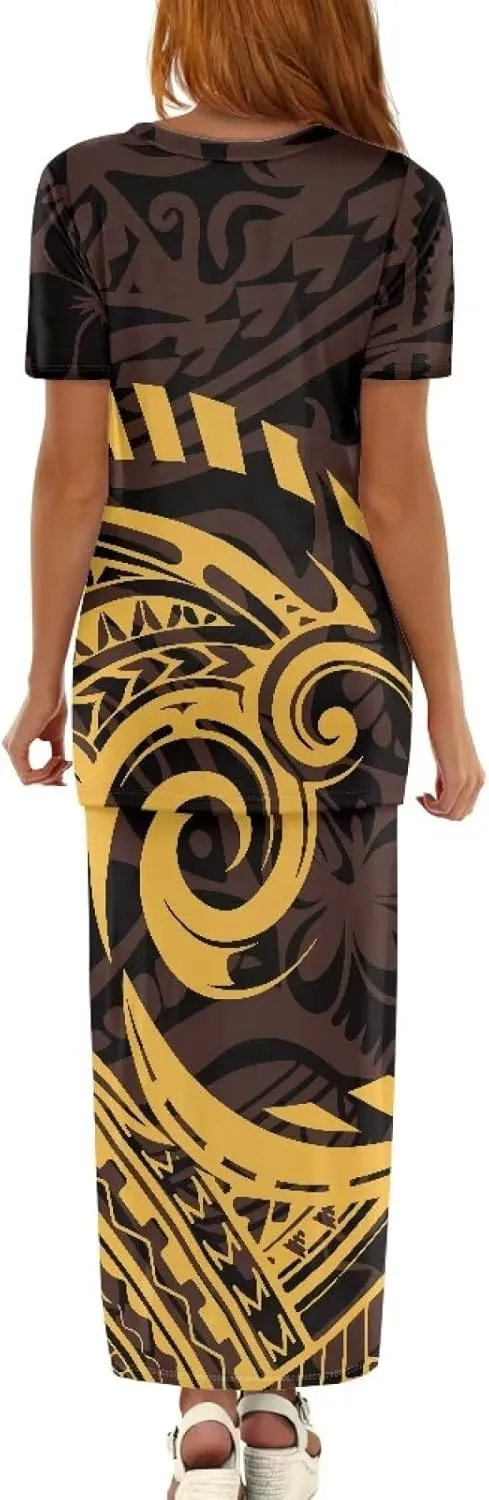 Polynesian Tribal Clothing Summer 2 Piece Dresses Women Plus Size Short Sleeve High Waist Long Maxi Skirts Set