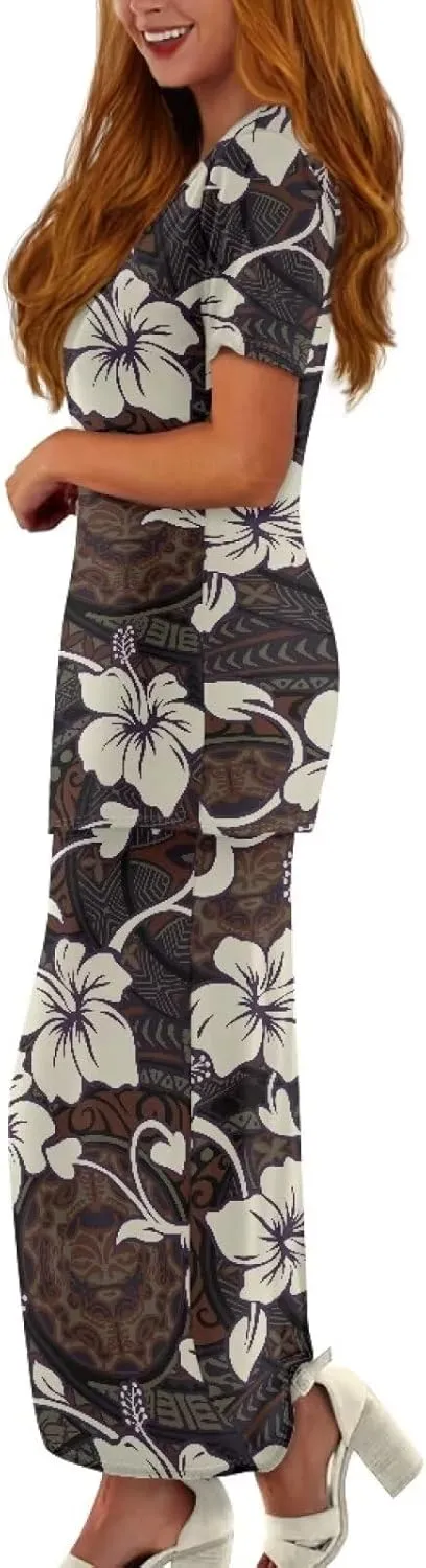 Polynesian Tribal Clothing Summer 2 Piece Dresses Women Plus Size Short Sleeve High Waist Long Maxi Skirts Set