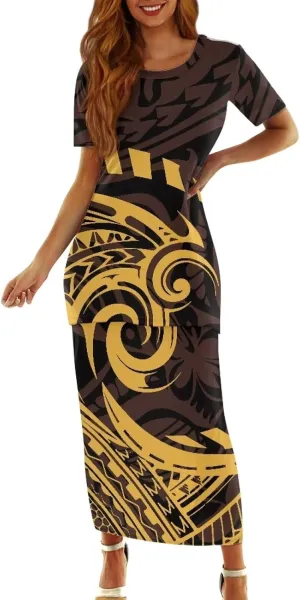 Polynesian Tribal Clothing Summer 2 Piece Dresses Women Plus Size Short Sleeve High Waist Long Maxi Skirts Set