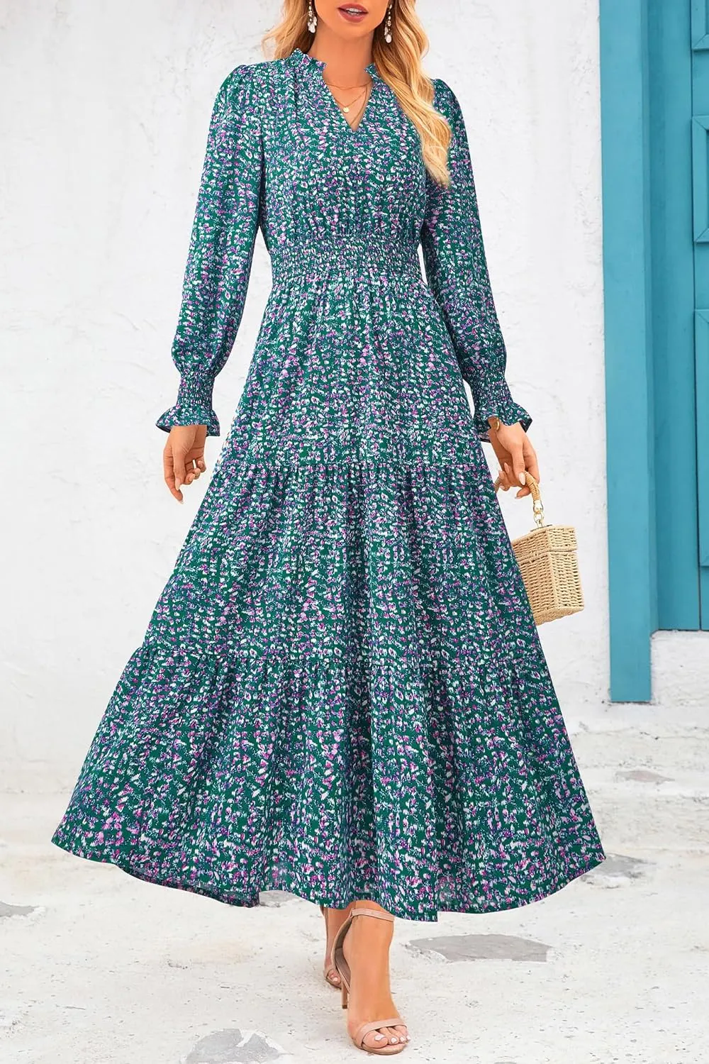 PRETTYGARDEN Women's 2025 Spring Maxi Dress Floral Long Sleeve V Neck Casual A Line Long Flowy Boho Party Dresses