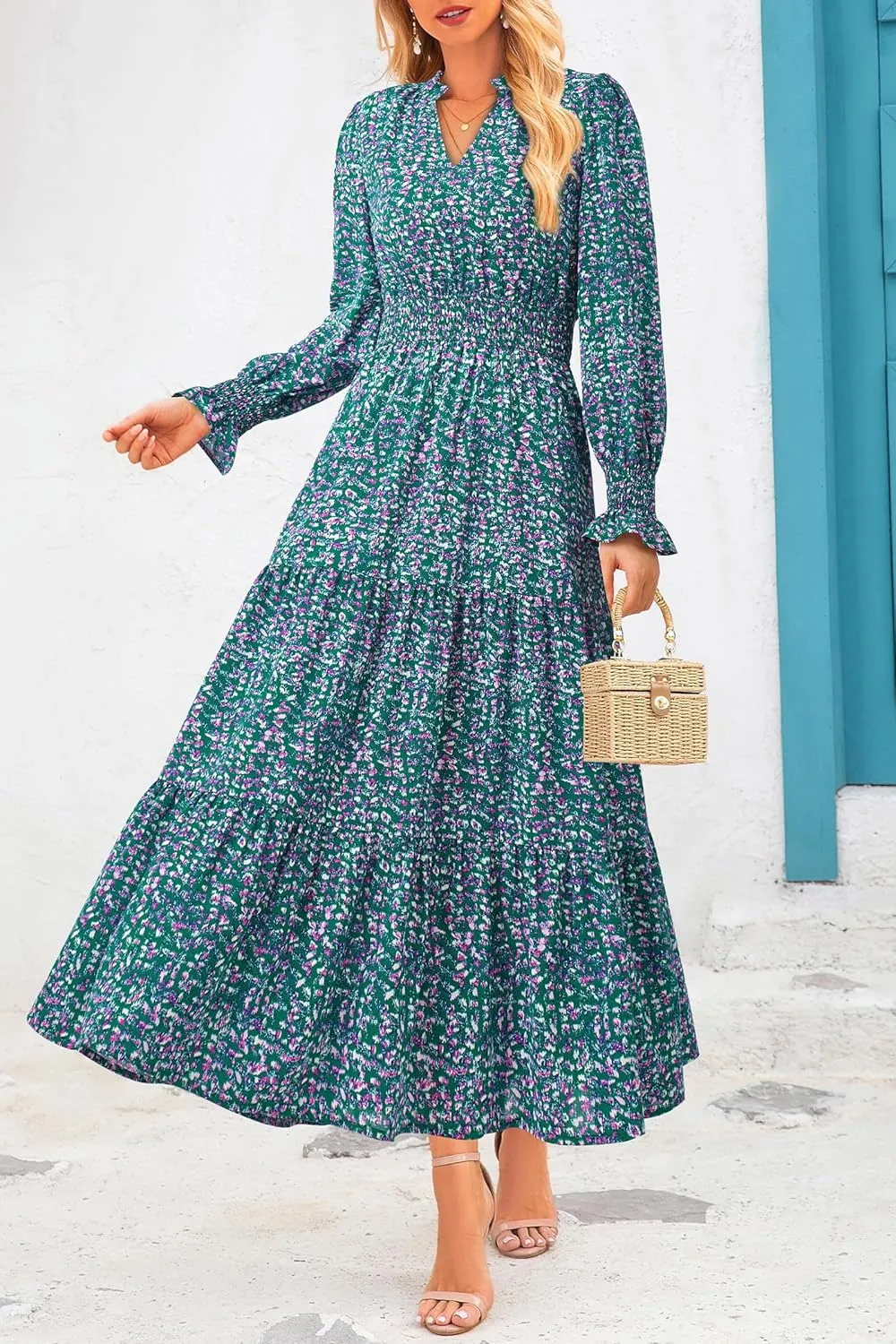 PRETTYGARDEN Women's 2025 Spring Maxi Dress Floral Long Sleeve V Neck Casual A Line Long Flowy Boho Party Dresses