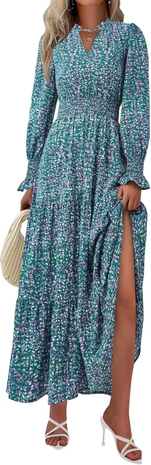 PRETTYGARDEN Women's 2025 Spring Maxi Dress Floral Long Sleeve V Neck Casual A Line Long Flowy Boho Party Dresses