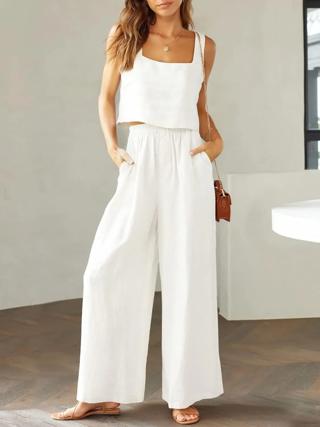 Prinbara Women's 2 Piece Outfits Lounge Sets Sleeveless Square Neck Linen Tank Crop Top Wide Leg Pants Matching Sets
