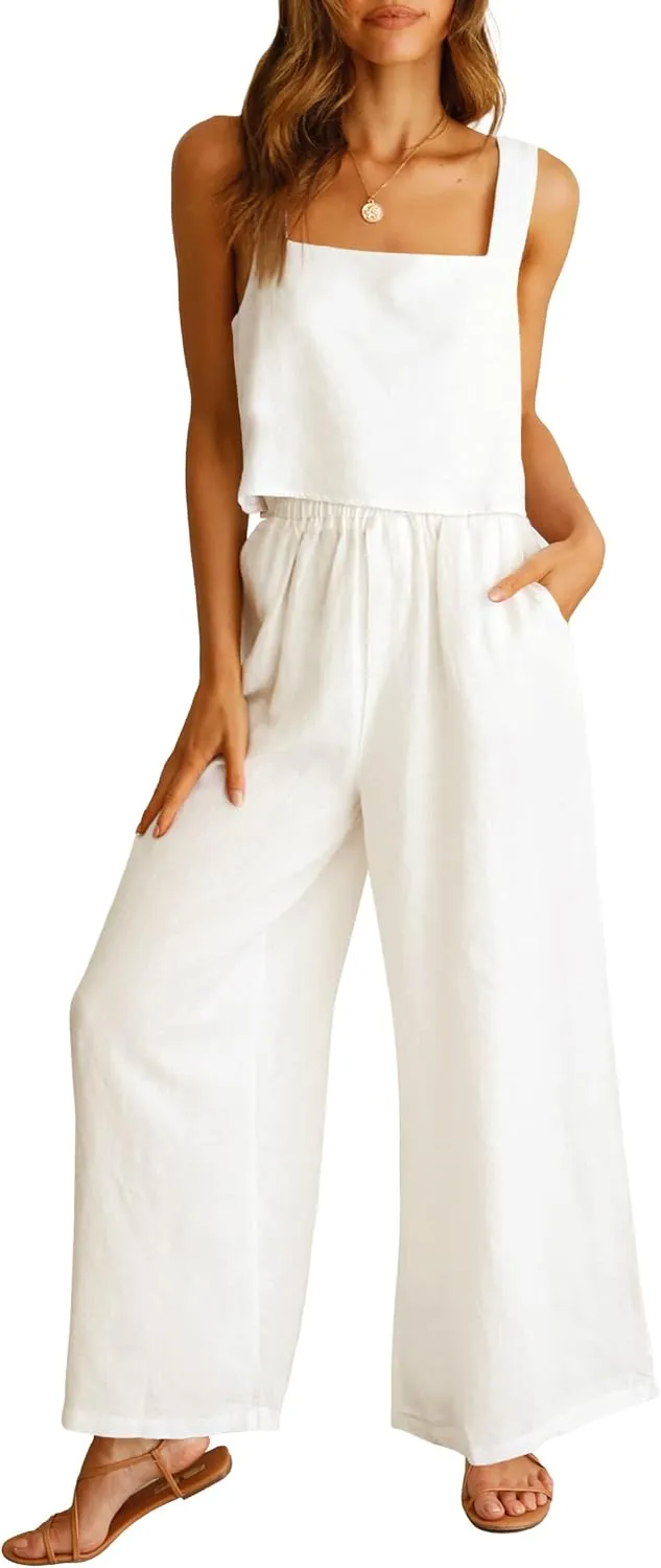 Prinbara Women's 2 Piece Outfits Lounge Sets Sleeveless Square Neck Linen Tank Crop Top Wide Leg Pants Matching Sets