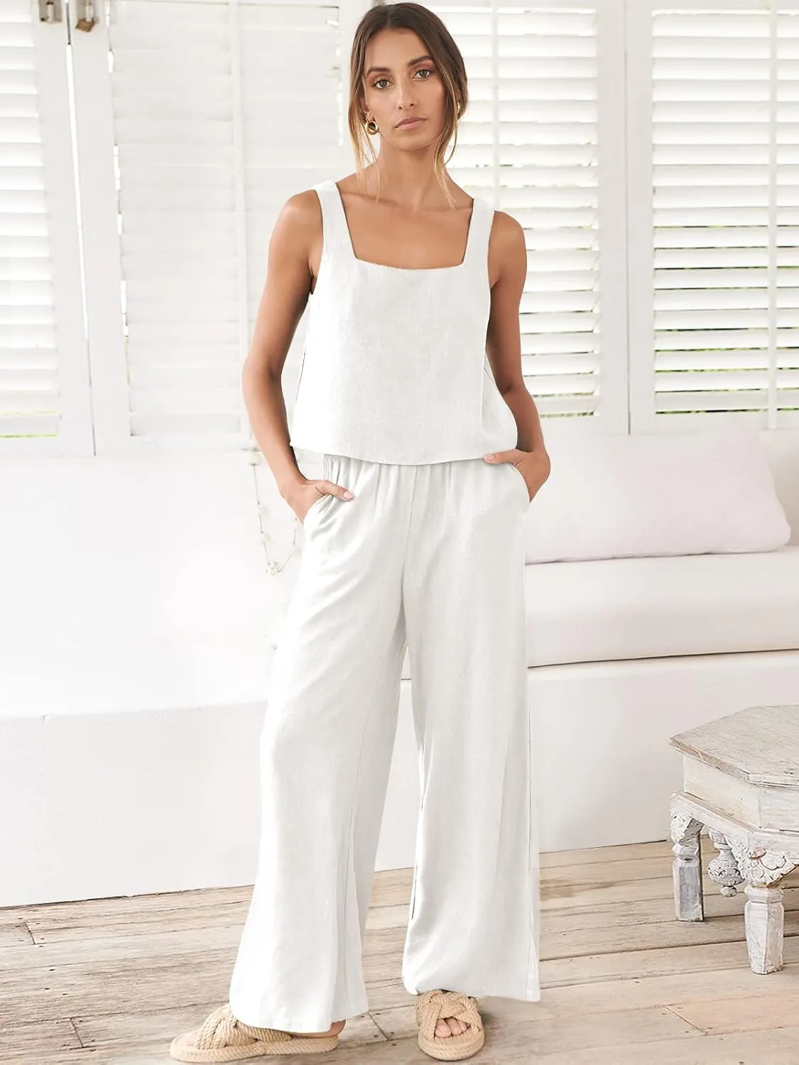 Prinbara Women's 2 Piece Outfits Lounge Sets Sleeveless Square Neck Linen Tank Crop Top Wide Leg Pants Matching Sets
