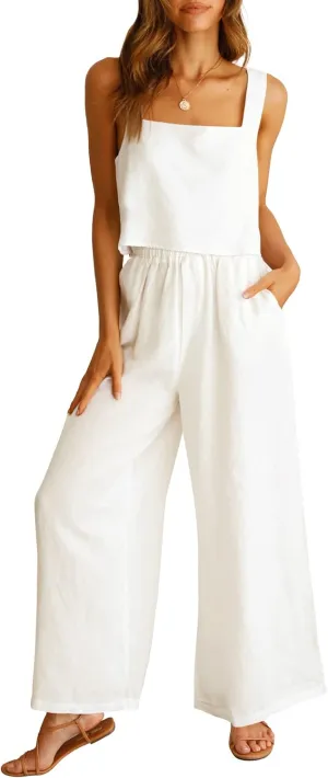 Prinbara Women's 2 Piece Outfits Lounge Sets Sleeveless Square Neck Linen Tank Crop Top Wide Leg Pants Matching Sets