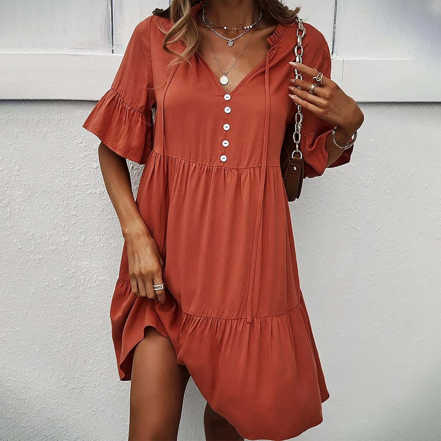 PTOLOCIF Summer Dresses for Women Trendy Button Down Mini Dress Ruffle Short Sleeve V Neck Flowy a Line Tiered Beach Sundress