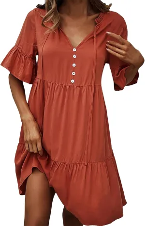 PTOLOCIF Summer Dresses for Women Trendy Button Down Mini Dress Ruffle Short Sleeve V Neck Flowy a Line Tiered Beach Sundress