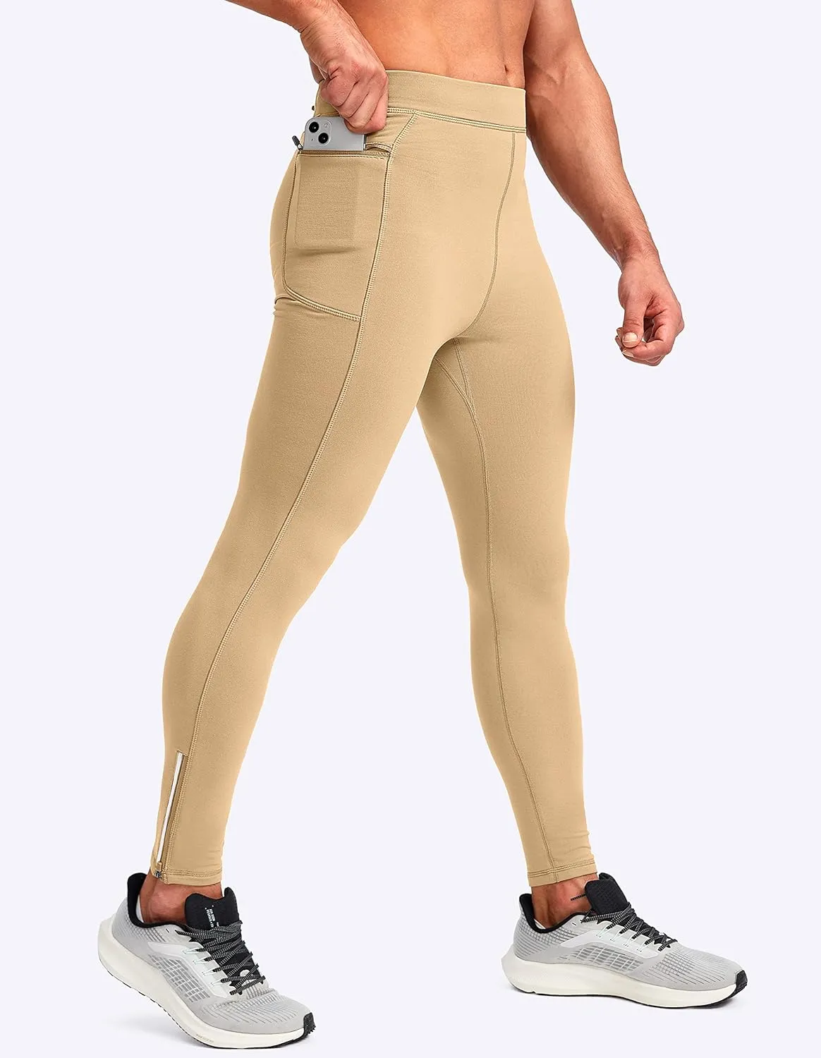 Pudolla Men's Thermal Running Tights with 3 Zipper Pockets Workout Compression Leggings Cycling Pants for Men Hiking Jogging