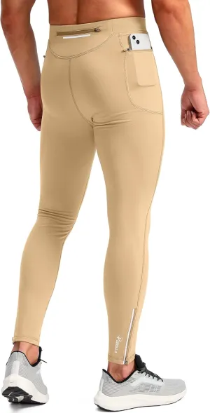Pudolla Men's Thermal Running Tights with 3 Zipper Pockets Workout Compression Leggings Cycling Pants for Men Hiking Jogging