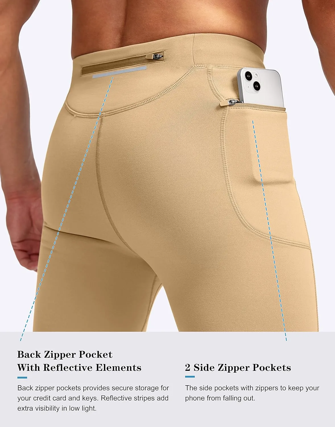 Pudolla Men's Thermal Running Tights with 3 Zipper Pockets Workout Compression Leggings Cycling Pants for Men Hiking Jogging