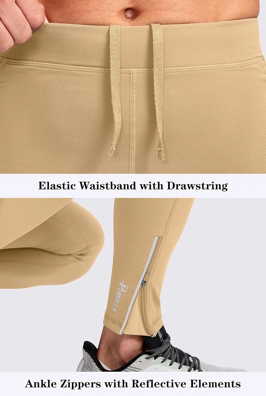 Pudolla Men's Thermal Running Tights with 3 Zipper Pockets Workout Compression Leggings Cycling Pants for Men Hiking Jogging