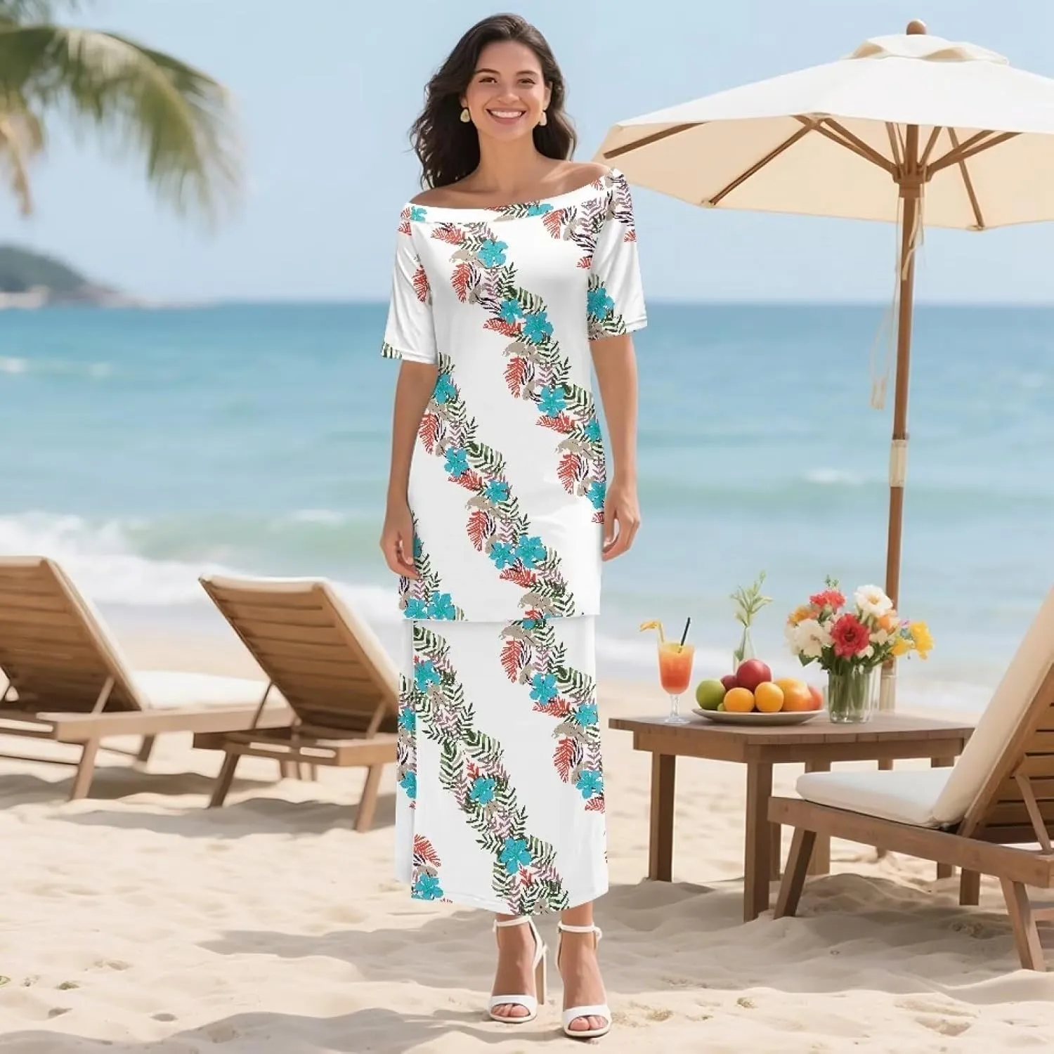Puletasi Polynesian Tribal Clothing Plus Size Crew Neck Two Piece Set Off Shoulder Long Dress Top Skirts Outfits