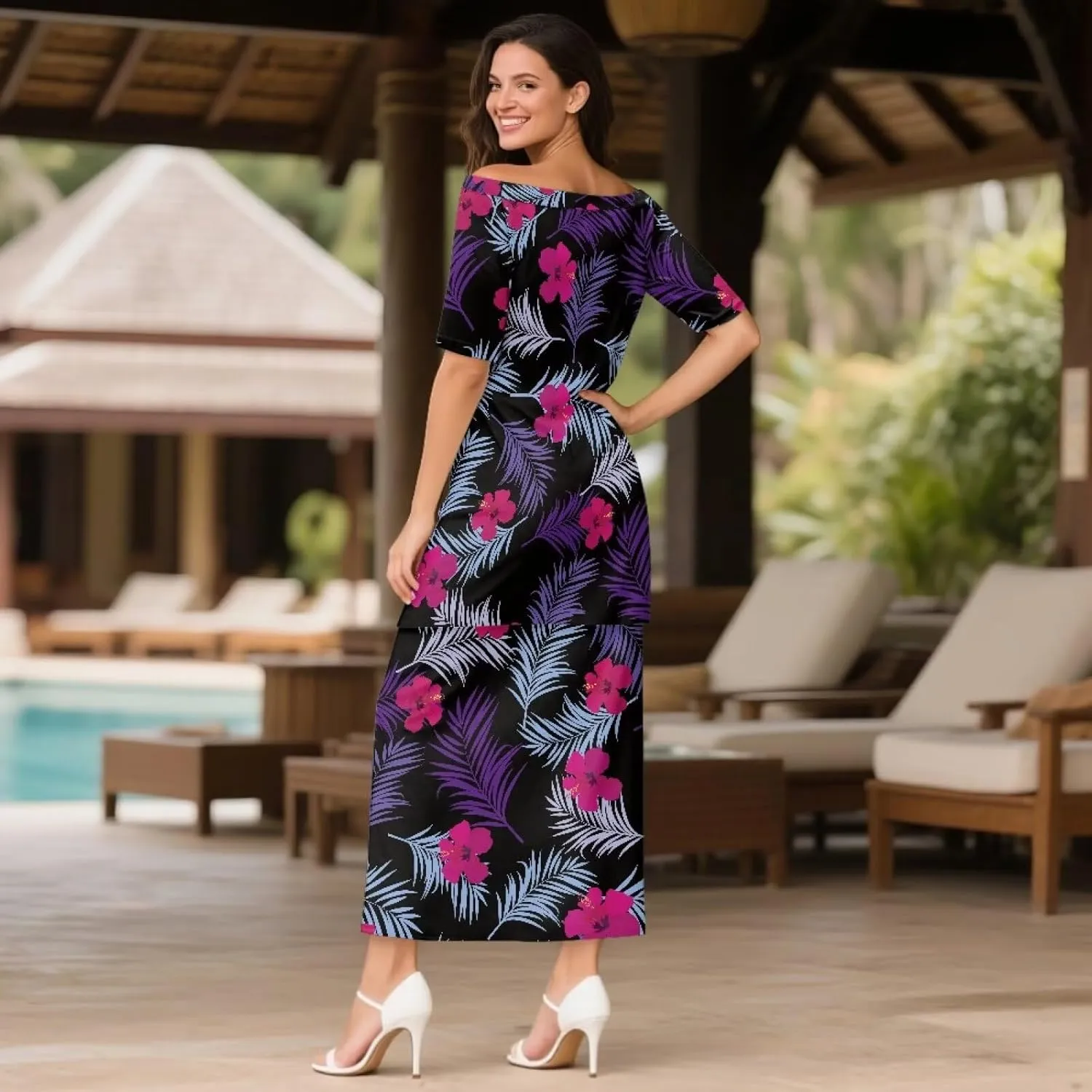 Puletasi Polynesian Tribal Clothing Plus Size Crew Neck Two Piece Set Off Shoulder Long Dress Top Skirts Outfits