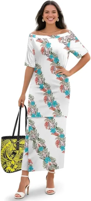 Puletasi Polynesian Tribal Clothing Plus Size Crew Neck Two Piece Set Off Shoulder Long Dress Top Skirts Outfits