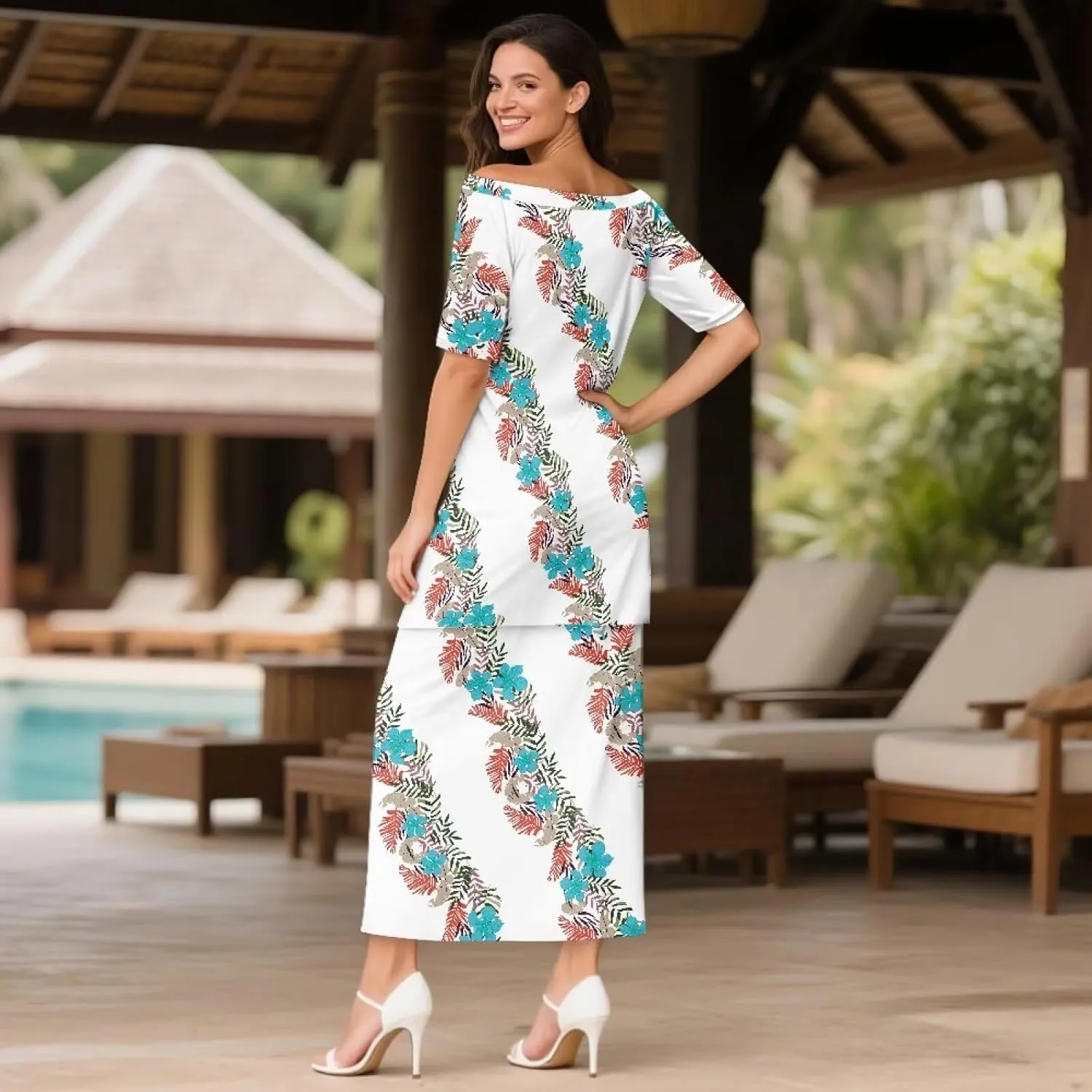 Puletasi Polynesian Tribal Clothing Plus Size Crew Neck Two Piece Set Off Shoulder Long Dress Top Skirts Outfits