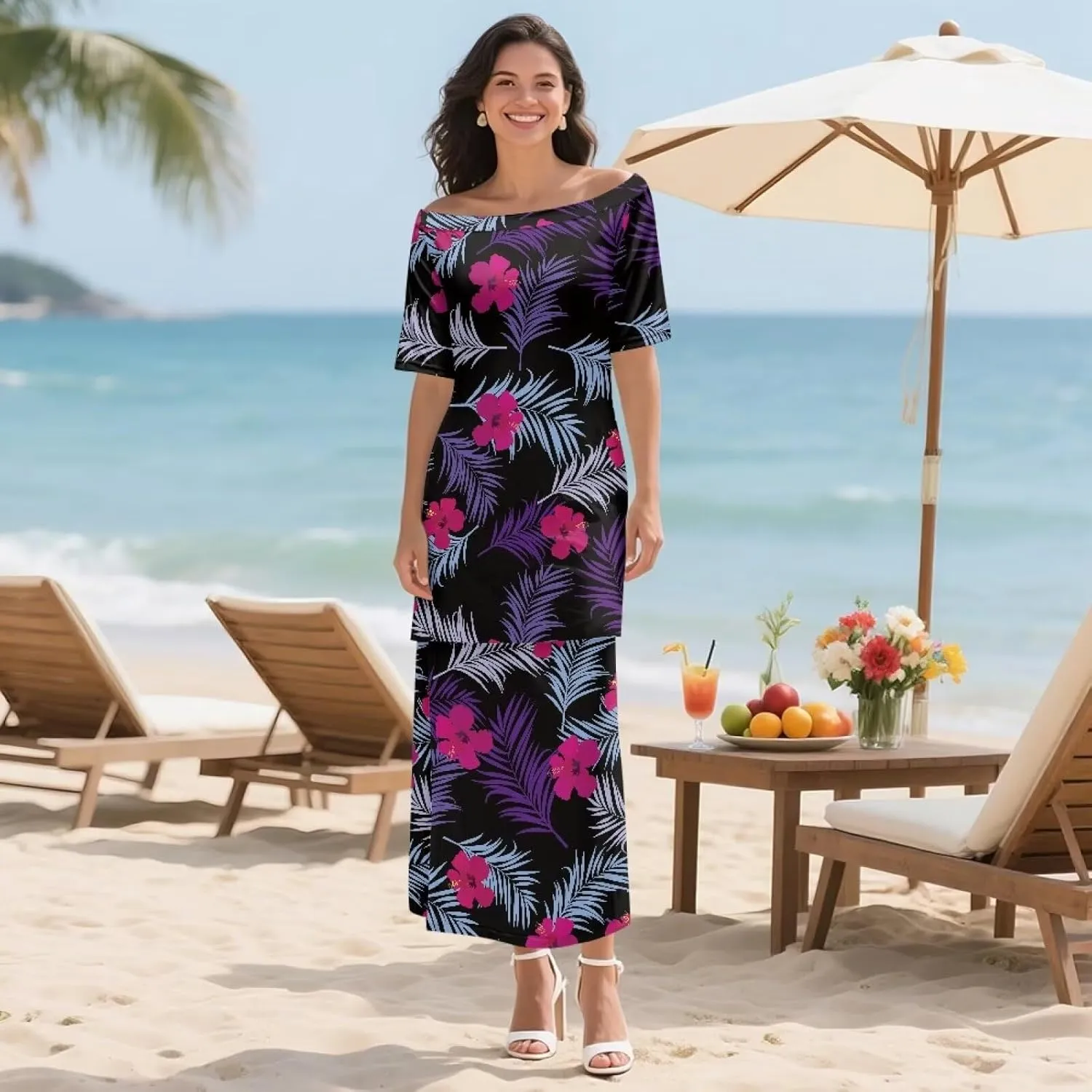 Puletasi Polynesian Tribal Clothing Plus Size Crew Neck Two Piece Set Off Shoulder Long Dress Top Skirts Outfits