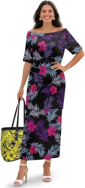 Puletasi Polynesian Tribal Clothing Plus Size Crew Neck Two Piece Set Off Shoulder Long Dress Top Skirts Outfits