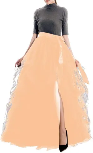 Qmker Women's Long Tutu Tulle Skirt A Line Floor Length Black Special Occasion Night Out fold Skirt