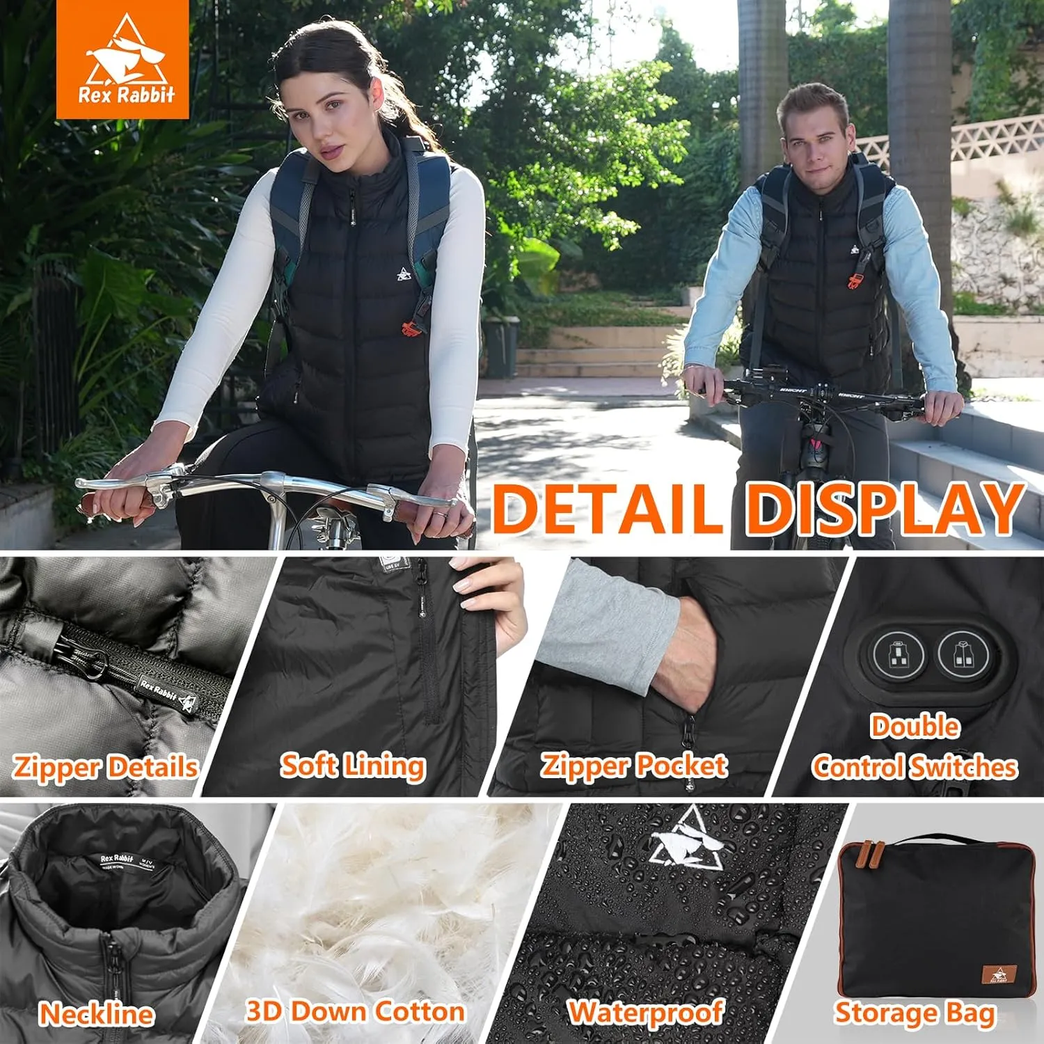 Rex Rabbit Heated Vest for Men,Electric Vest for men 6 Heating Zones,Men Electric Heating Vest Battery Pack Plug Included