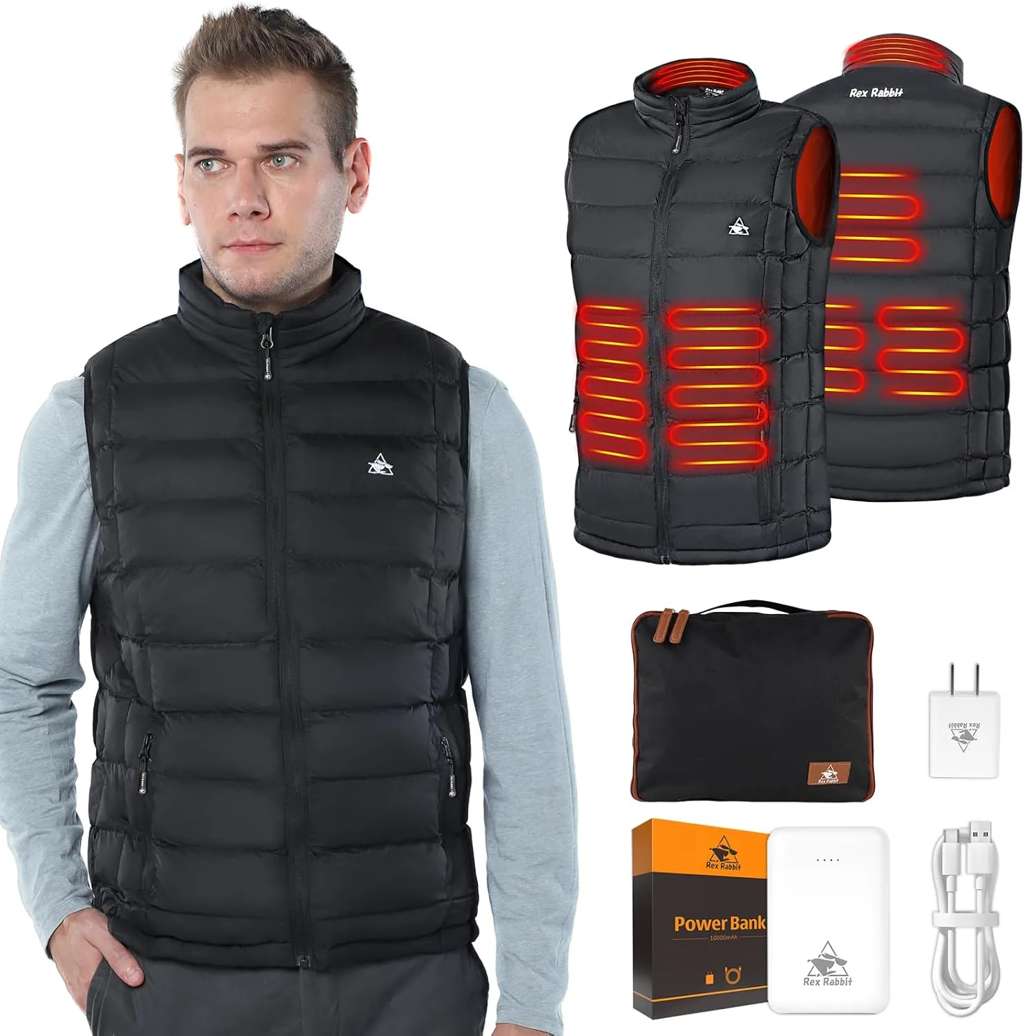 Rex Rabbit Heated Vest for Men,Electric Vest for men 6 Heating Zones,Men Electric Heating Vest Battery Pack Plug Included