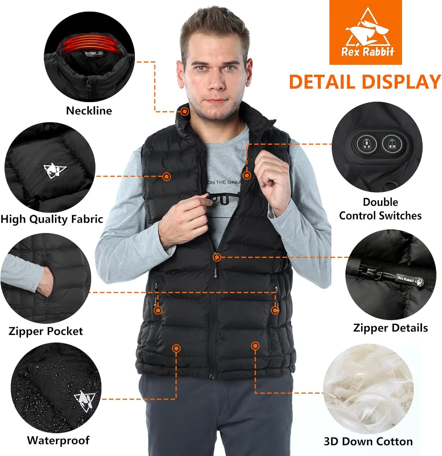 Rex Rabbit Heated Vest for Men,Electric Vest for men 6 Heating Zones,Men Electric Heating Vest Battery Pack Plug Included