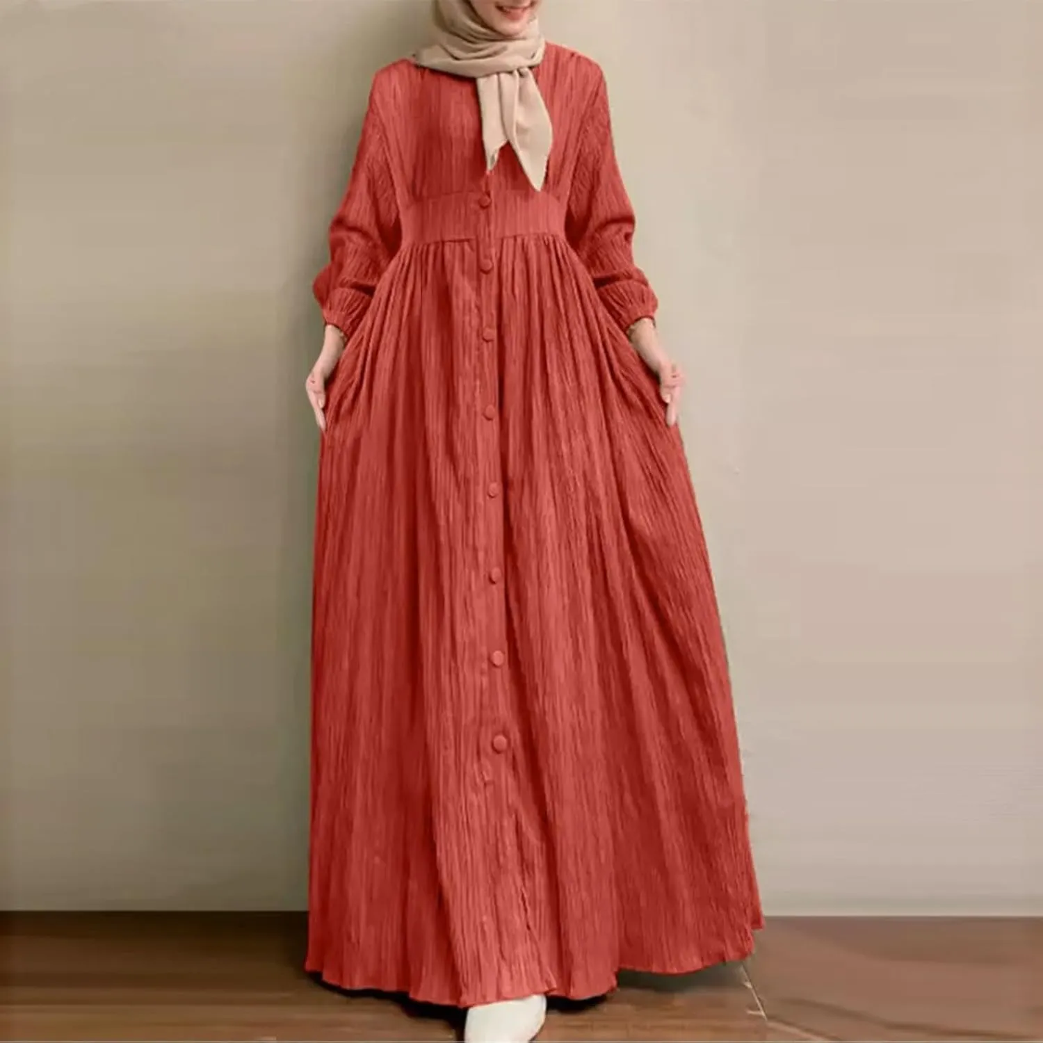 Ruffle Hem Muslim Abaya Women Plus Size Crewneck Long Sleeve Maxi Dress Arabian Dubai Islamic Robe Without Headscarf