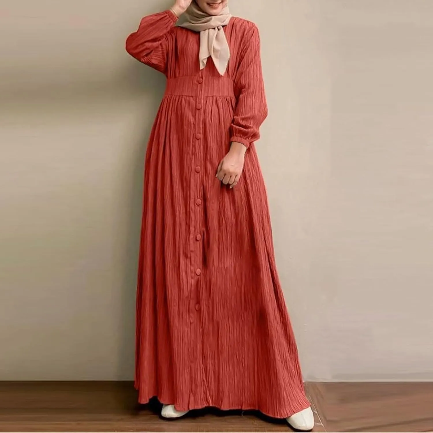 Ruffle Hem Muslim Abaya Women Plus Size Crewneck Long Sleeve Maxi Dress Arabian Dubai Islamic Robe Without Headscarf