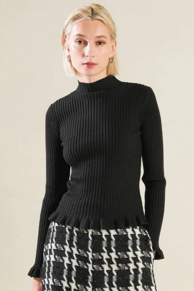 Ruffled Funnel Neck Sweater in Black