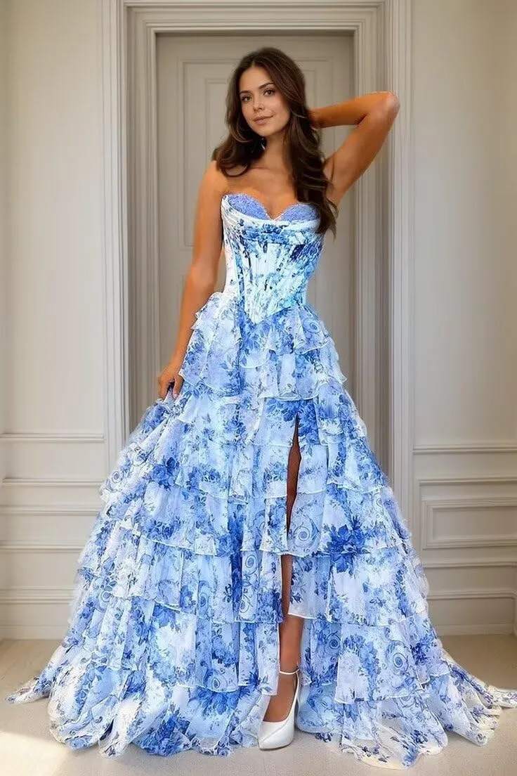 Ruffles Floral Chiffon Prom Dress Strapless Long Formal Evening Gowns for Women Tiered Sweetheart Ball Gown with Slit