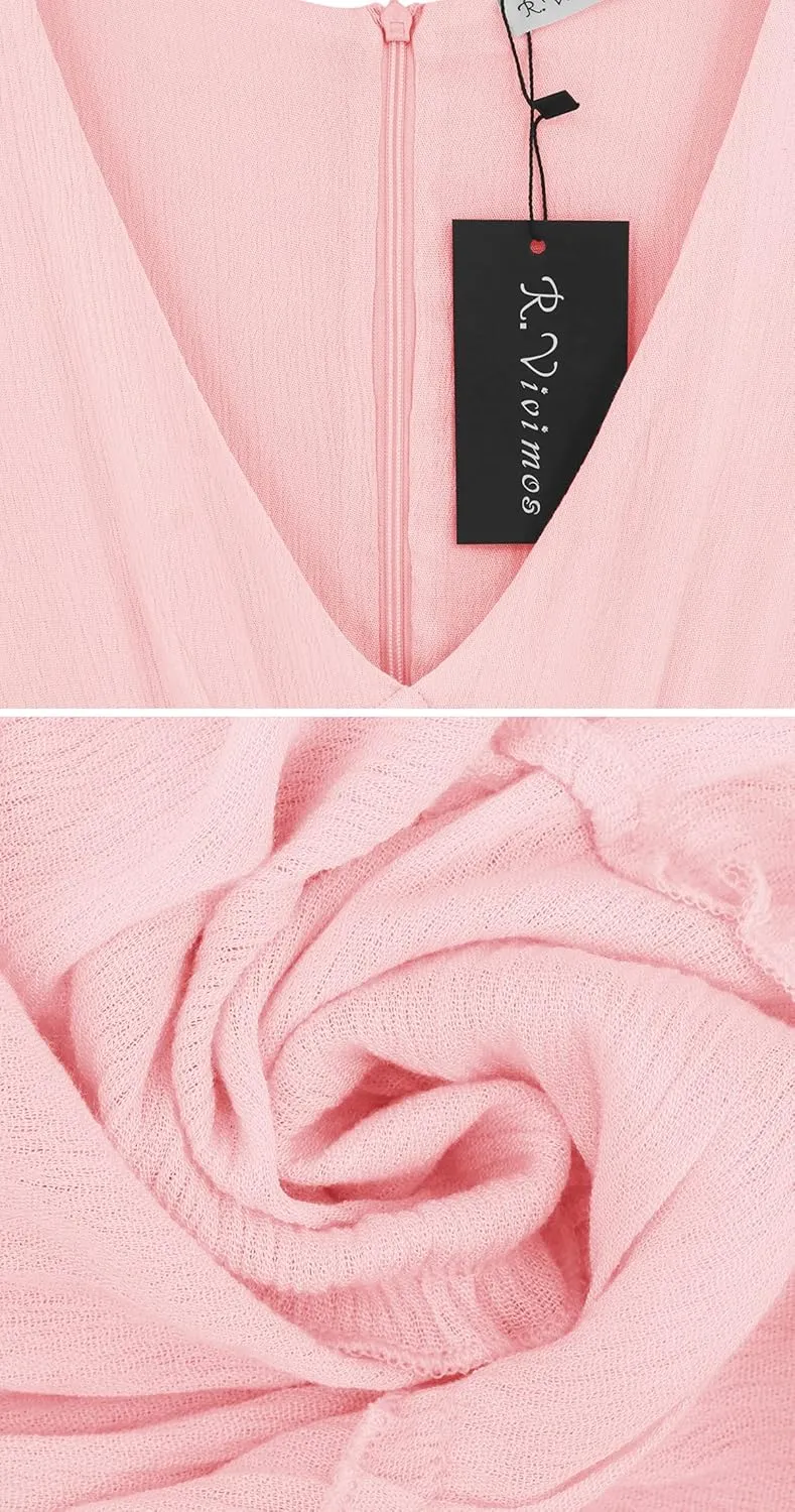 R.Vivimos Women's Cotton Summer Short Sleeves V Neck Tie Waist Casual Layered Ruffles Mini Swing Dresses