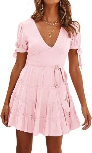 R.Vivimos Women's Cotton Summer Short Sleeves V Neck Tie Waist Casual Layered Ruffles Mini Swing Dresses