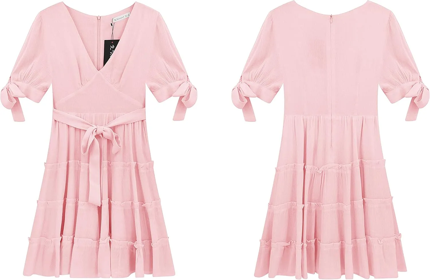 R.Vivimos Women's Cotton Summer Short Sleeves V Neck Tie Waist Casual Layered Ruffles Mini Swing Dresses