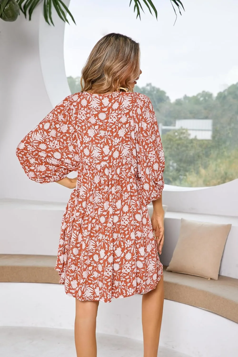 R.Vivimos Women's Summer V Neck Casual Dresses Lantern Sleeve Boho Floral Print Loose Flowy Mini Dress