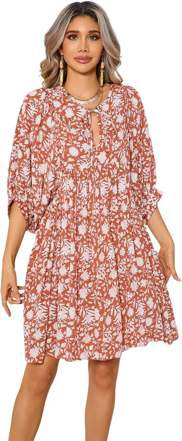 R.Vivimos Women's Summer V Neck Casual Dresses Lantern Sleeve Boho Floral Print Loose Flowy Mini Dress