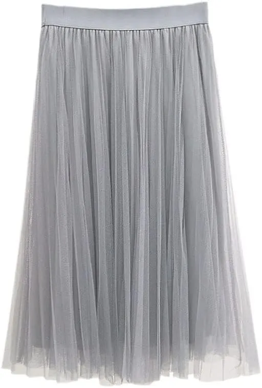 SaoBiiu Summer Pleated Lace Skirt Women Double Layer Sweet Mesh Elastic High Waist Spring Long Skirts