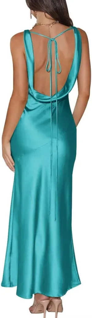 Satin V Neck Maxi Wedding Guest Dress Sleeveless Backless Tie Back Bridesmaid Dresses Formal Cocktail Party Gowns