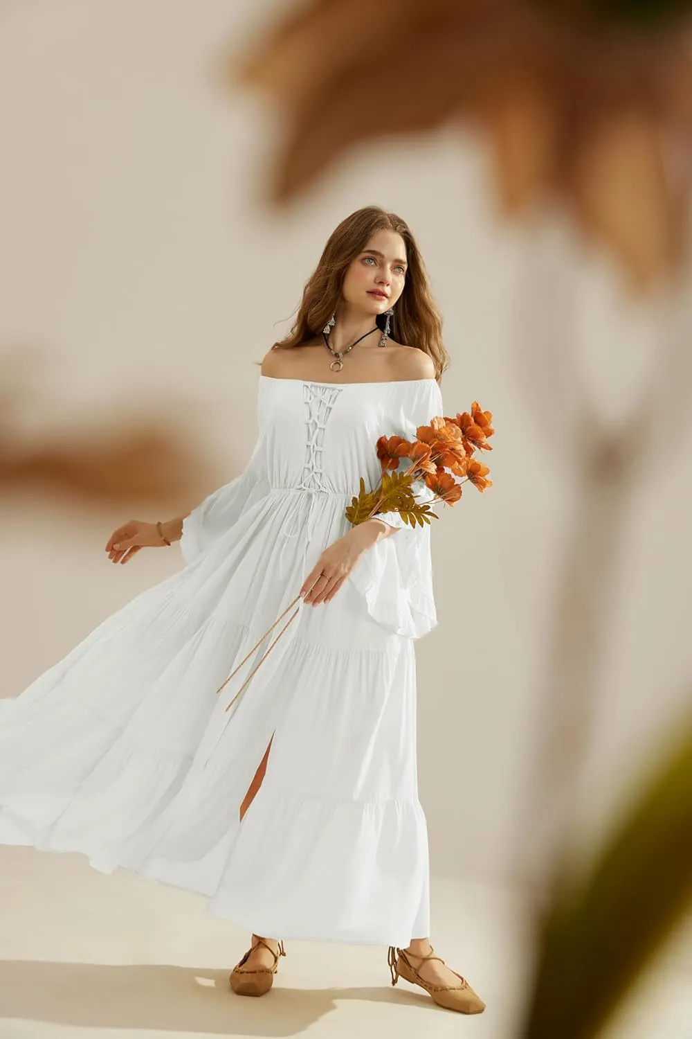 Scarlet Darkness Women's Renaissance Dress Bell Sleeve Elastic Tiered Flowy Long Dresses with Pockets